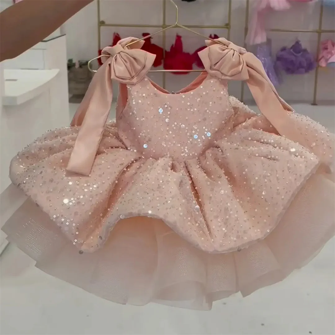 Matrimonio rosa chiaro personalizzato Compleanno Luce neonata di lusso Abiti da ragazza di fiori Abito da spettacolo di bellezza con paillettes, grande fiocco