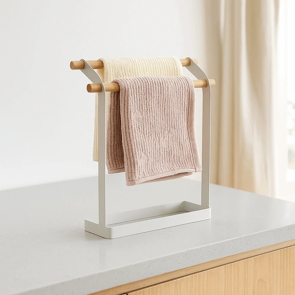 

Multifunctional Metal Free Standing Towel Rack Double Bar Simple Towel Drying Rack Stable Washcloth Dishcloth Hanger Kitchen