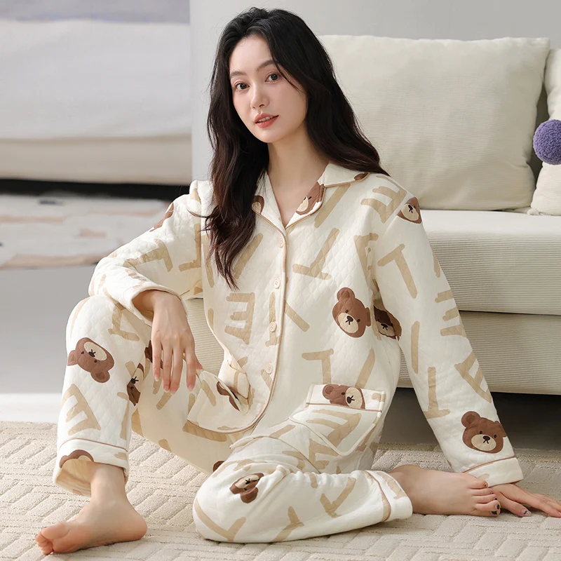 Big Size M-4XL Winter Women Pajamas Set Air Clip Cotton Pijama Female Cute Cartoon Thick Sleepwear