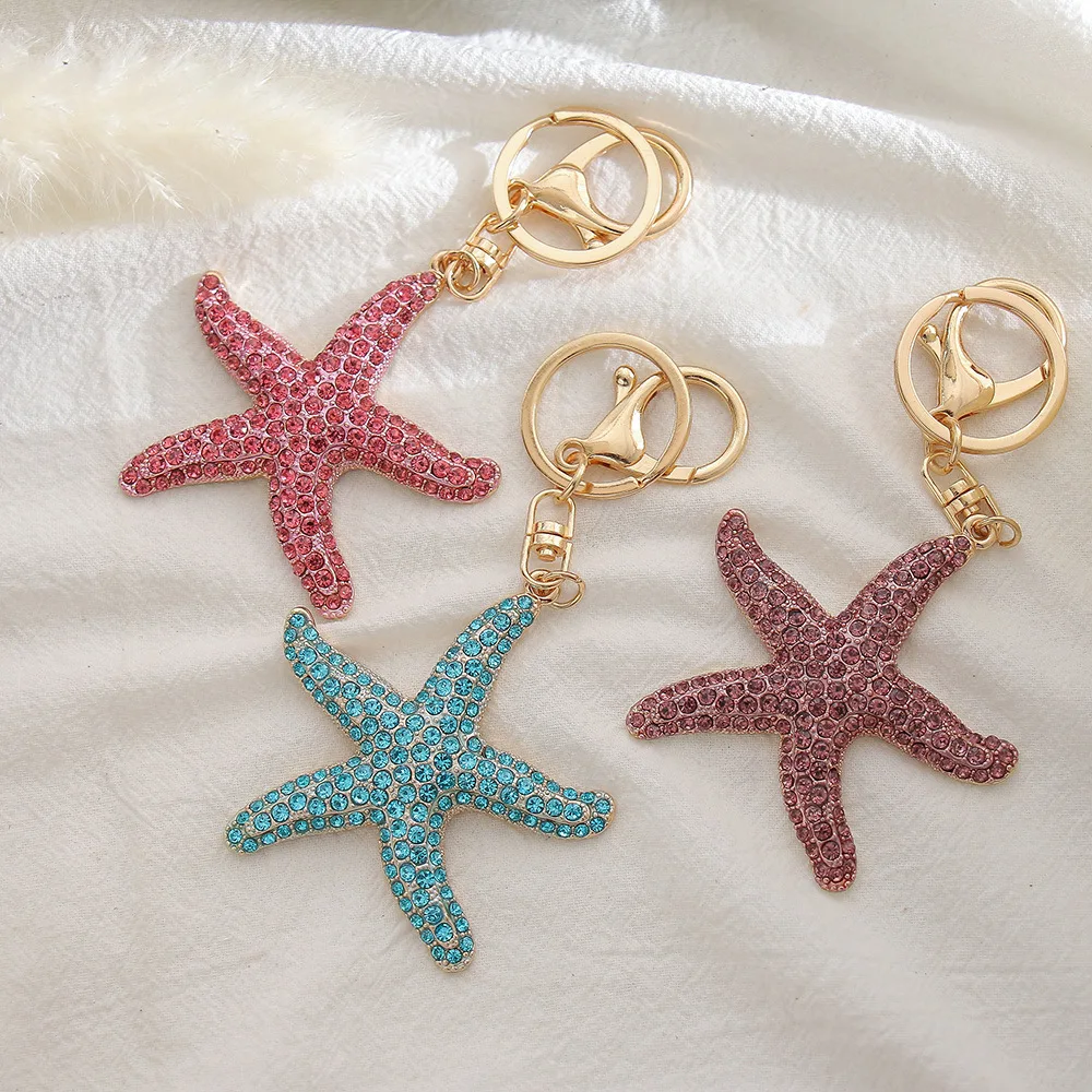 1PC Fashion Diamond Inlaid Cute Starfish Keychain Marine Life Series Key Pendant Metal Cartoon Pendant Car Keychain Pendant