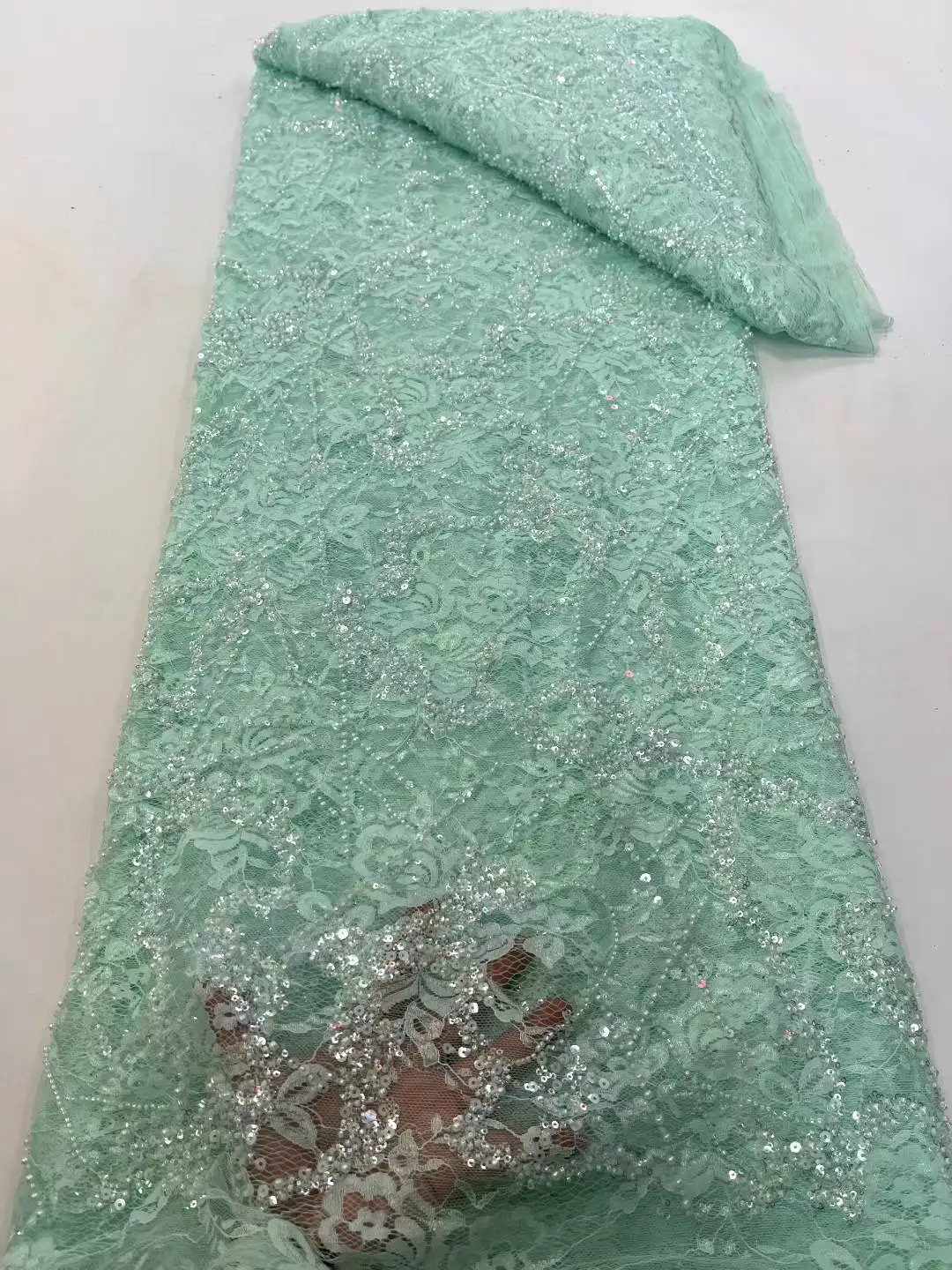5 Yards African Bridal Lace Fabric with Sequins Beaded Embroidery High Quality French Tulle for Wedding Groom Nigerian Style