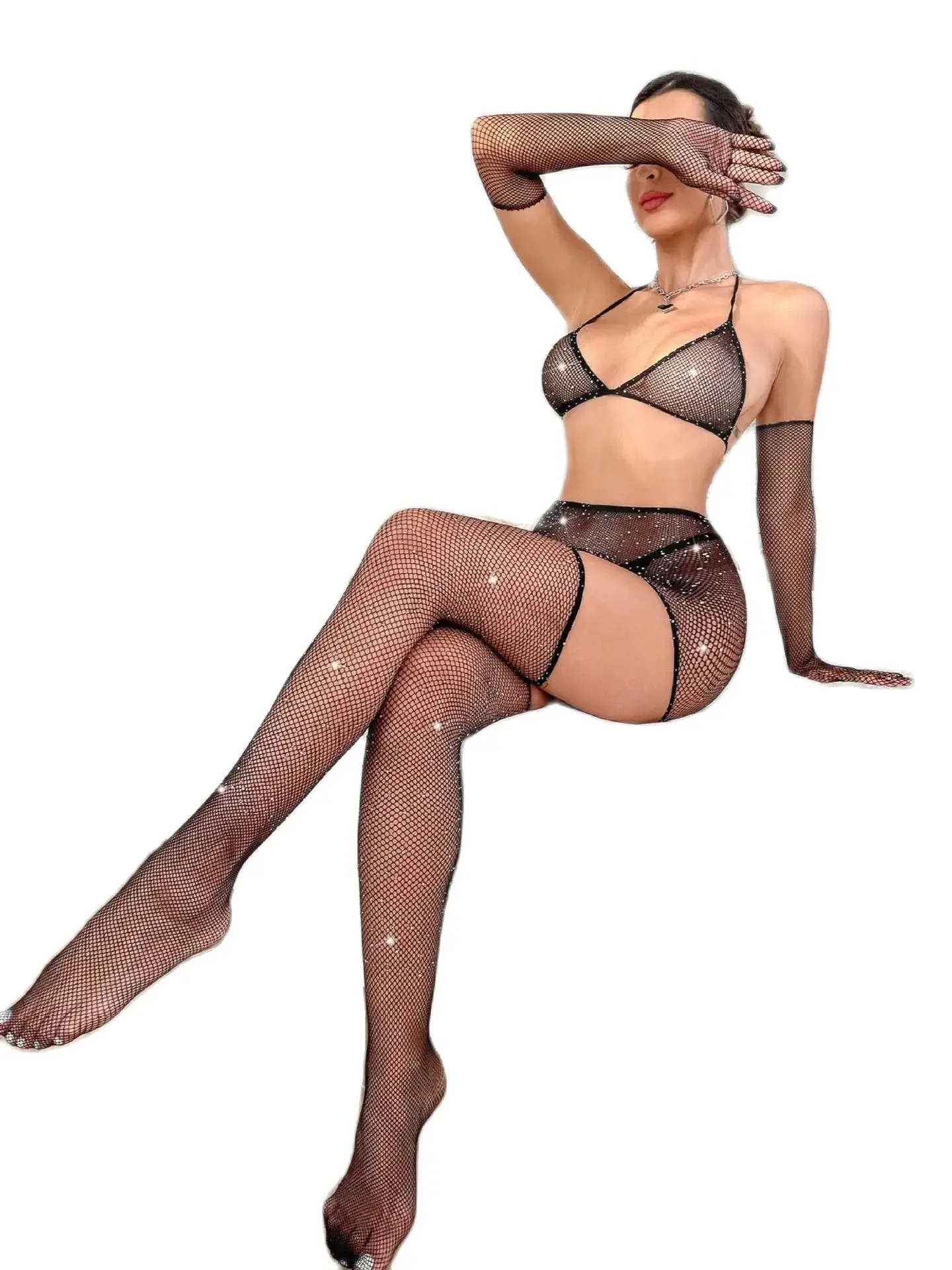 Sexy Bra Lingerie Set Bodysuit Rhinestone Pantyhose Rave Bodystocking Teddies Pole Dance Wear Erotic Nightbar Stripper Outfits