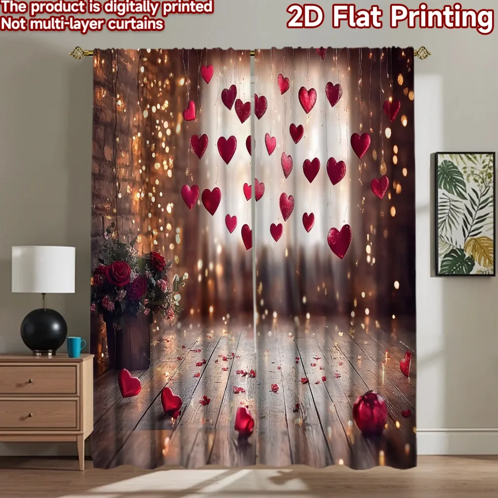 2D flat 2pcs Curtain Vintage drapes and curtains Valentine Hanging Red Hearts Durable polyester fiber Birthday Party Perfect for