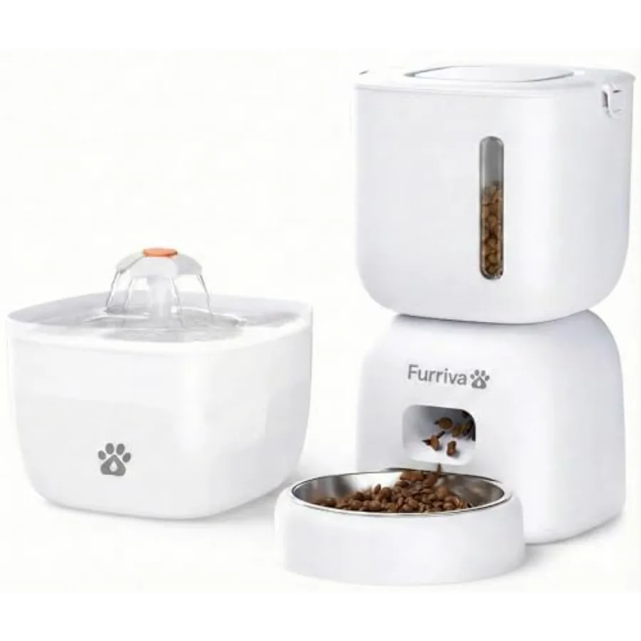 

Automatic Cat Feeder and Water Fountain Set - 3L Food Dispenser with Locking Lid Plug-in/Battery Powered Programmable Portion C