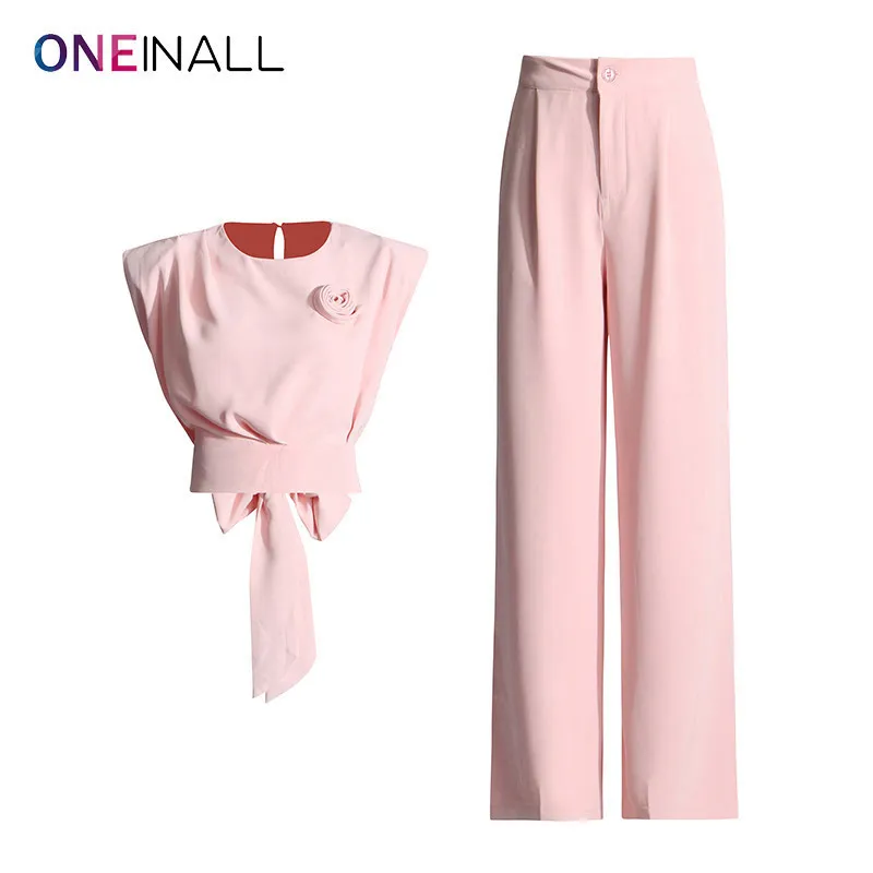 ONEINALL Elegant Two Piece Set For Women O Neck Sleeveless Spliced Lace Up Crop Top High Waist Wide Leg Pant Casual Sets Female