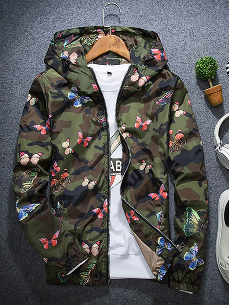 Thin Camouflage Windbreaker Jacket for Women, Butterfly Hooded Coats, Spring and Summer, High Quality, 2024