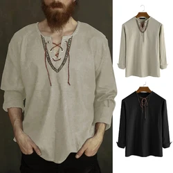 Vintage dunne lange mouwen tops middeleeuwse Viking ridder front Lace Up shirts piraat cosplay kostuum tuniek Halloween carnaval shirts