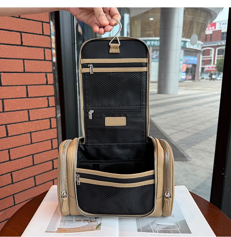 Echtes Leder Unisex Hängende Kosmetiktasche Reise Große Kapazität Multifunktionale Premium Toilettenartikel-Aufbewahrungstasche Tragbar – Detail 22