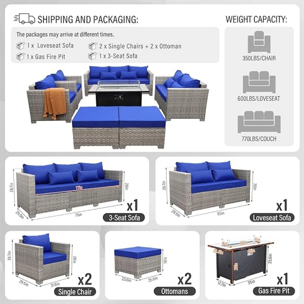 Juego de muebles de jardín de 7 piezas, juego de sofá de Patio, silla, mesa Seccional de ratán PE con mesa de Pit de fuego de 45 ", juego de muebles de jardín