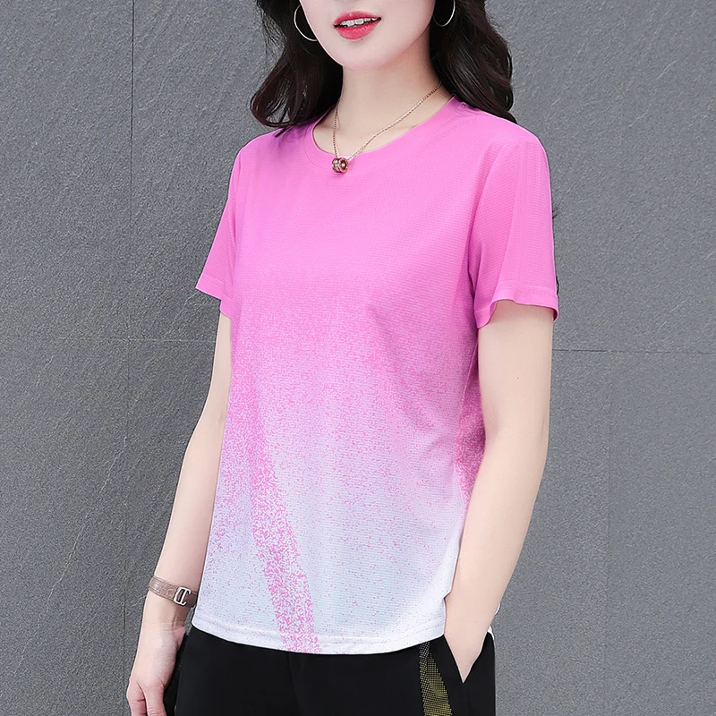 New Women'S Summer Round Neck Breathable Short Sleeved Casual Versatile Loose Comfortable Ice Silk Quick Drying Sports T-Shirt