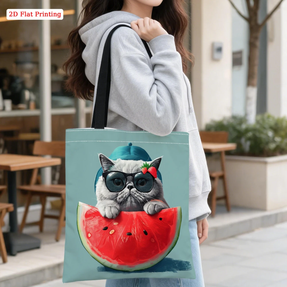 1Pc Casual Shoulder Bag Light Blue Cute Cat With Sunglasses Holding Watermelon Slice Print Tote Bag For Shopping Travel Daily Us