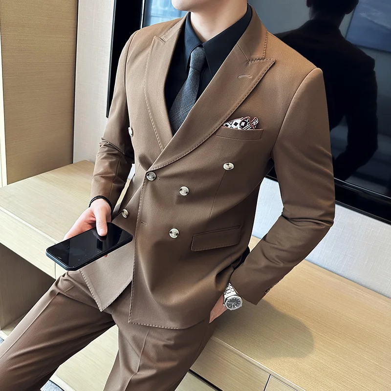 (Jackets+Vest+Pants) Men\'s Double-breasted Suits/Korean Style Groom\'s Wedding Dress 3-piece Set/Man Luxury Blazers Trousers 4XL