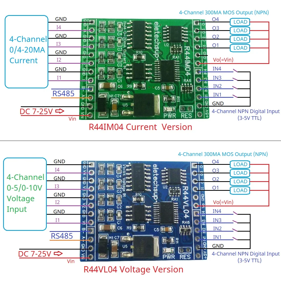 12CH 12V 24V RS485 Analog Digital IO Module 4AI-4DI-4DO PLC Remote I/O Board Modbus RTU 01/02/03/04/05/06/15/16 Function Code