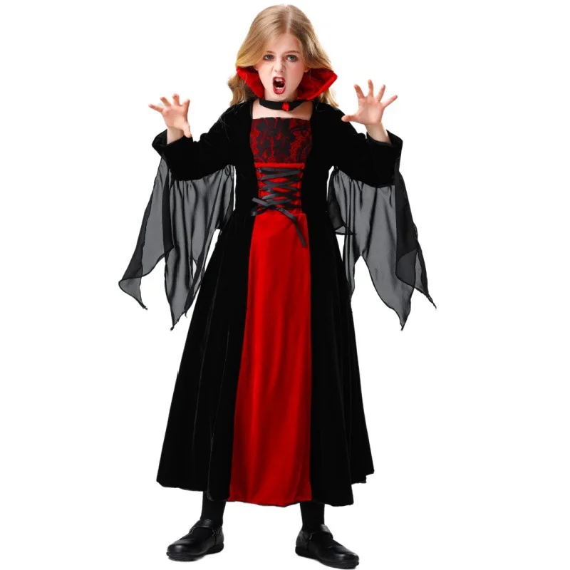 Costumes de vampire d'Halloween pour filles, robe de soirée pour enfants, magicien, sorcière, cosplay, carnaval, défilé de Pourim, scène, jeu en plis