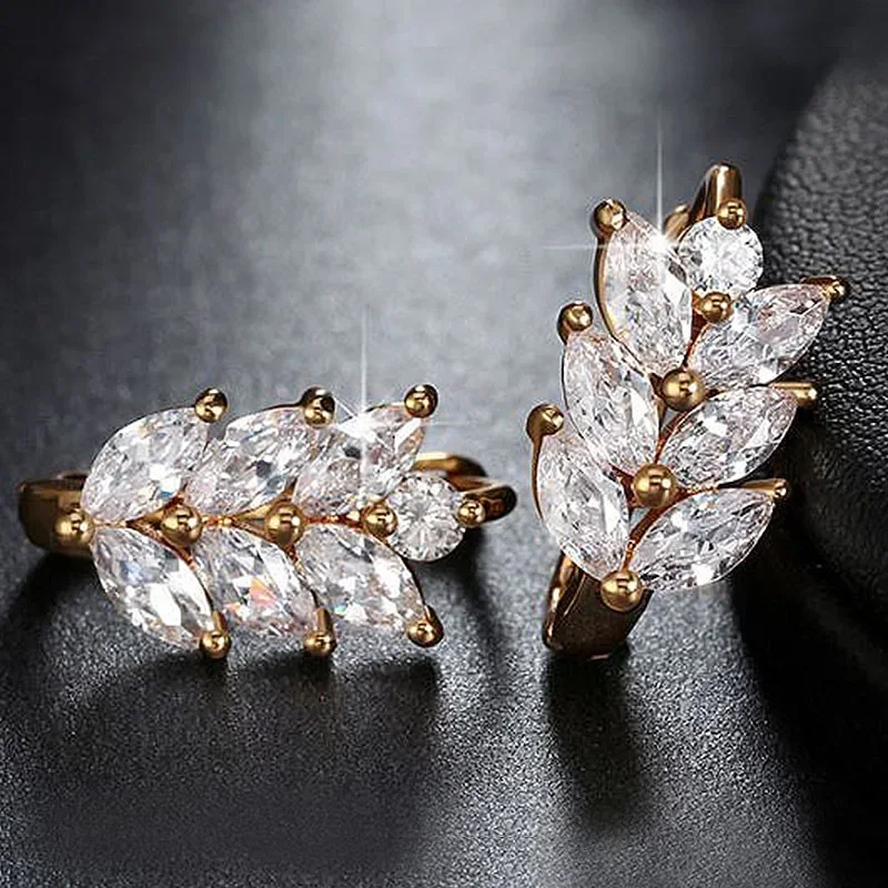 Huitan Leaf Shape Hoop Earrings Women with Marquise White Cubic Zirconia Fashion Contracted Small Circle  Trendy Jewelry