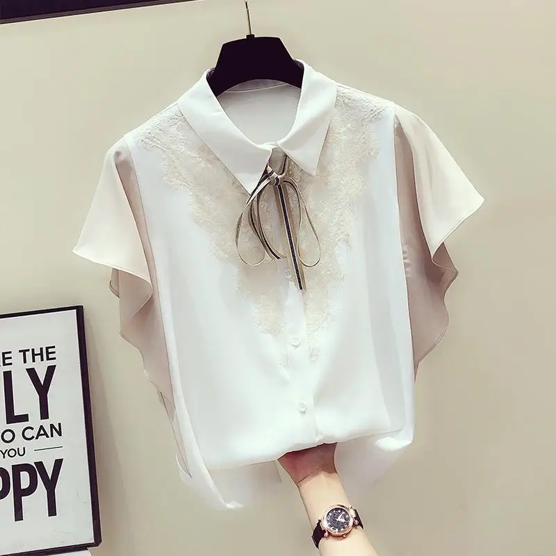 Women\'s Clothing Korean Patchwork Elegant Lace Shirt Commute Single-breasted 2024 Summer Casual Butterfly Sleeve Lapel Blouse