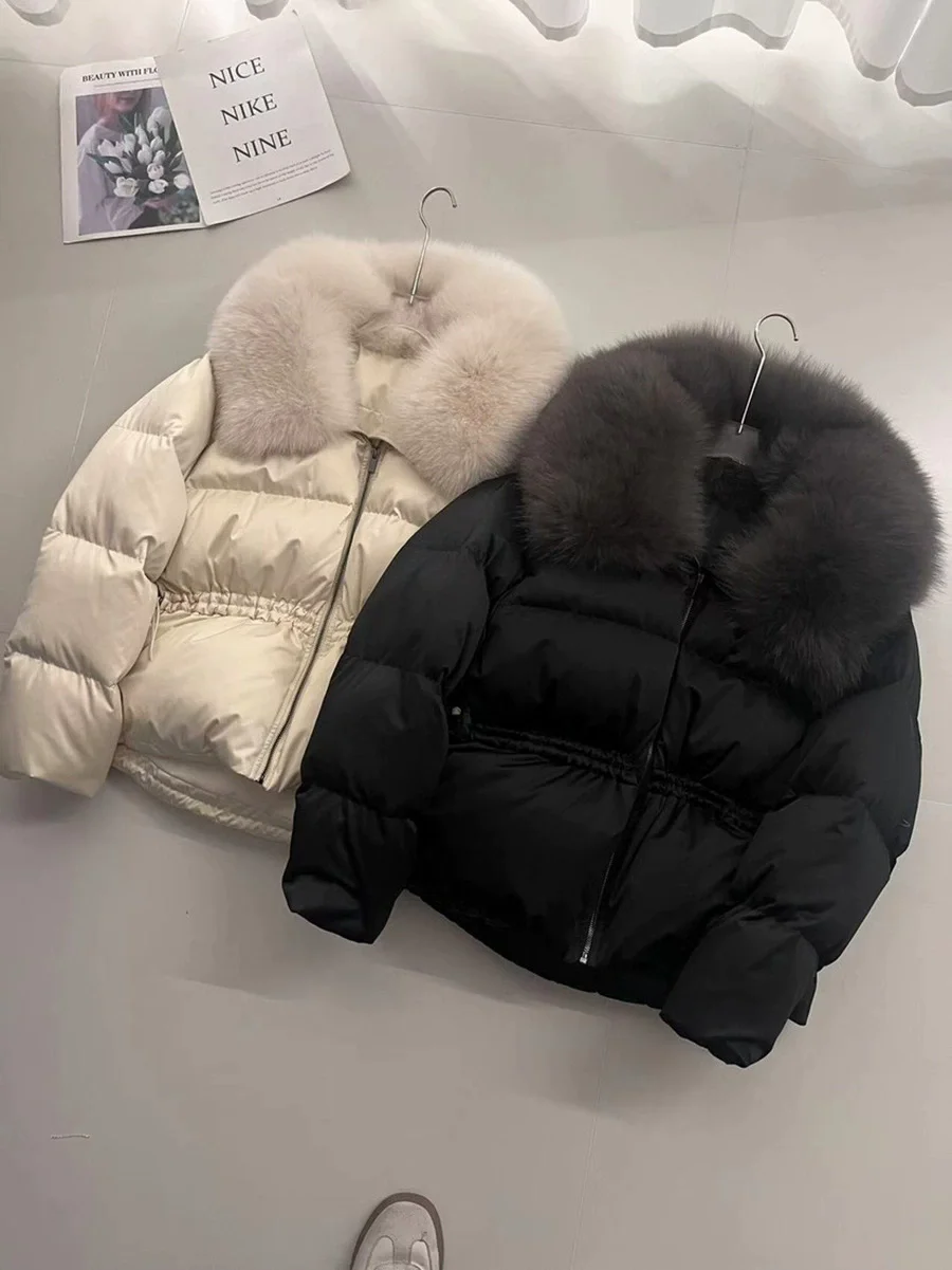 High-end Oversized Fox Fur Collar Waist Down Jacket For Women 2025 Winter Fashion Slimming Coat