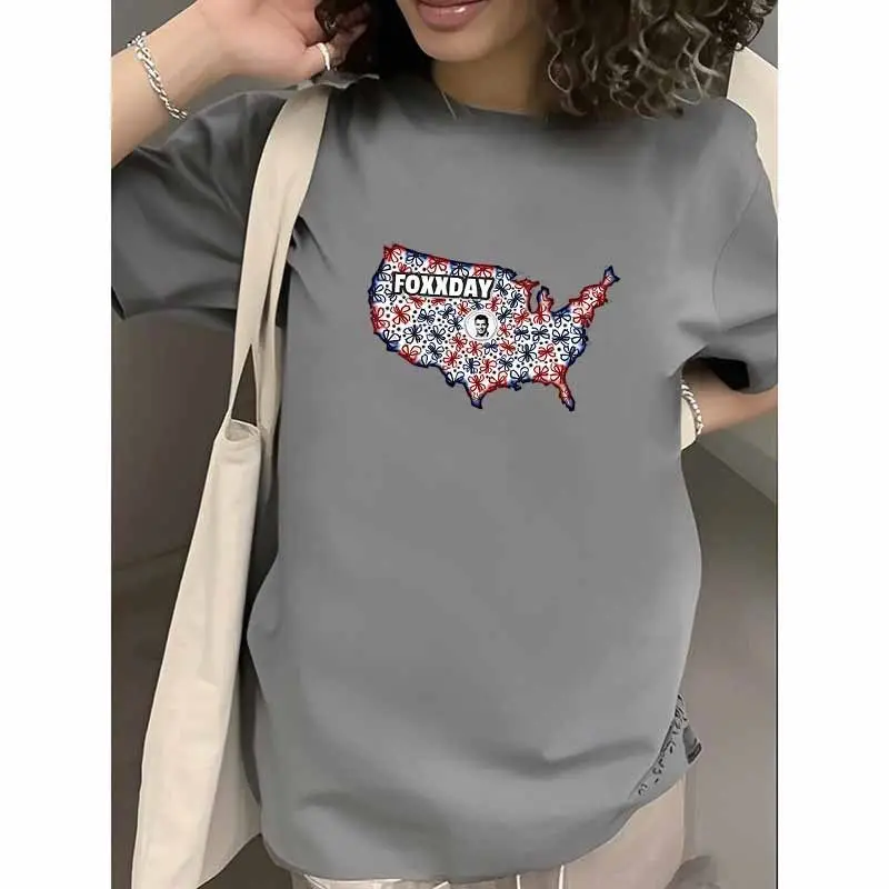 Haut ample européen et américain, haut en pur coton avec imprimé carte des états-unis, T-shirt à manches courtes, mode de rue