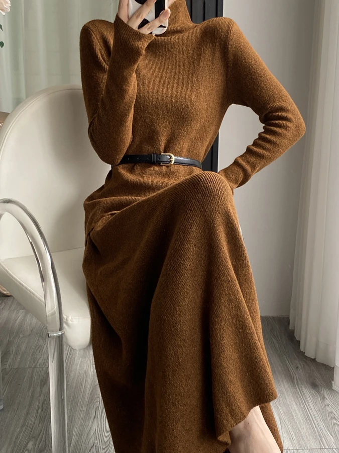 

Slim Fit Knitted Sweater And Midi Skirt Two Piece Set with Belt for Women High Collar Bla Knittedwear Ele Paper Person