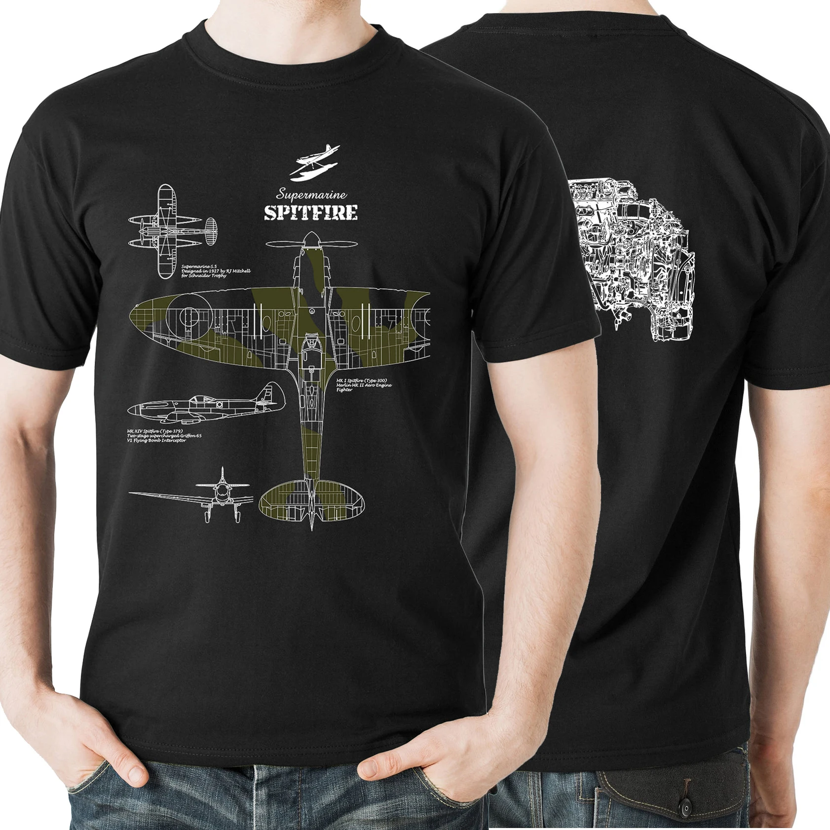British Merlin Aero Engine Supermarine Spitfire Fighter T-Shirt 100% Cotton O-Neck Short Sleeve Casual Mens T-shirt Size S-3XL