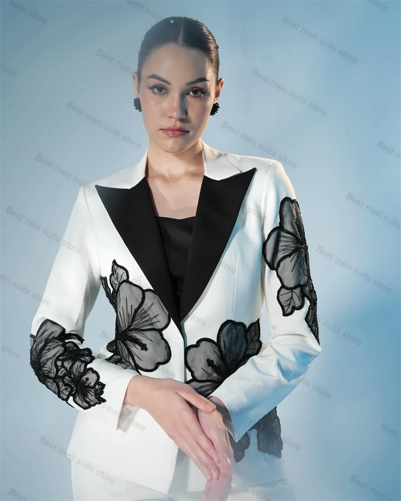 Crystals Flower Women Suit Set 2 Pieces Blazer+Pant Formal Office Lady Elegant White Wedding Jacket Coat Trousers Customize