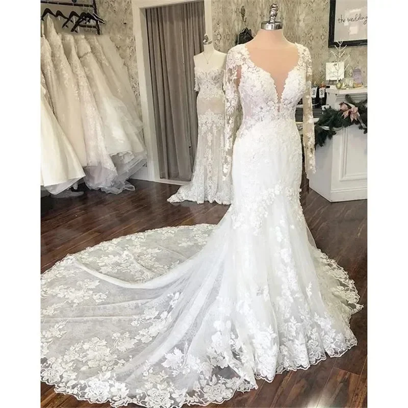Customized Wedding Dress Long Sleeve Lace Sheer Scoop Neck Backless Sexy Bridal Dress Robe De Mariee Vestido De Noiva