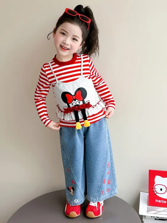 

Girls Cartoon Striped Red Casual Loose Sle Two-Piece Set Spring New Sweet Cute Faion Ensemble High Waist Cotton Pants