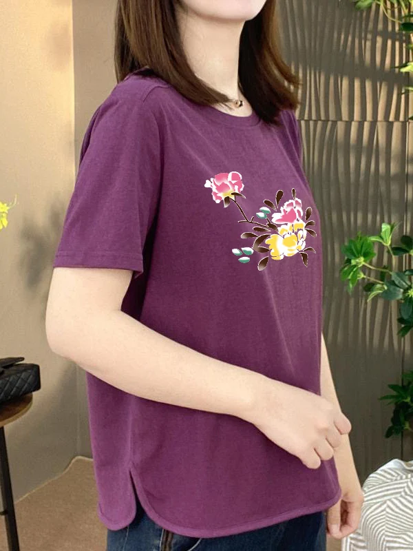 

High-End Short Sleeve T-Shirt Women's Loose Slimming Belly Covering Printed Casual Top Mom's Clothes Polyester Fiber round Neck