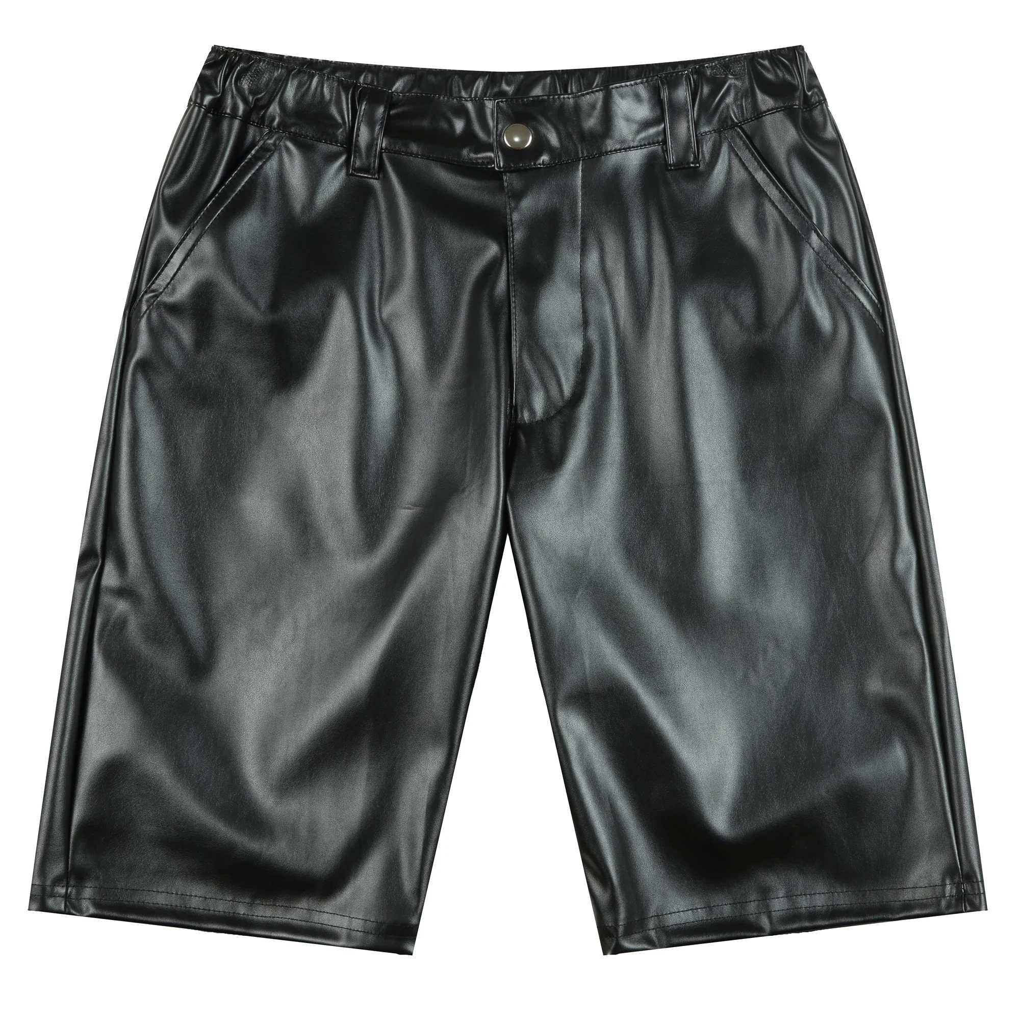 Men Casual Leather Shorts Summer Fashion Solid Color PU Leather Short Pants Slim Clubwear Shorts Male Stage Performance Costumes