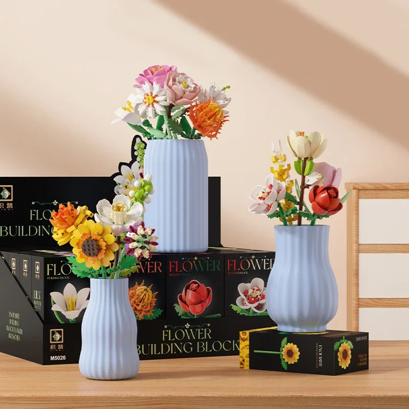 Simulatie Bloemen Bouwstenen Roos Zonnebloem Jasmijn Assemblagemodel Ornamenten MOC Technische stenen voor Valentijnsdagcadeau