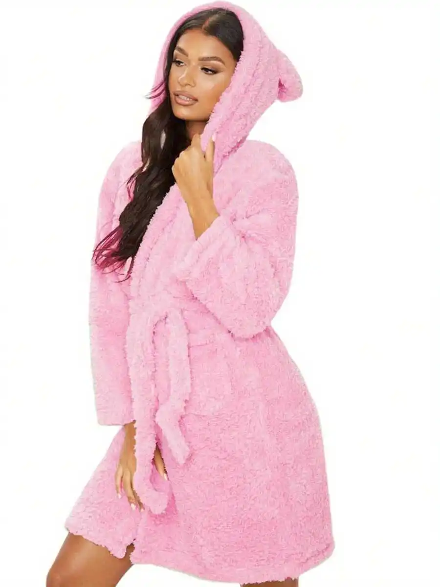 Women Winter Warm Plush Hooded Robe With Animal Ears Long Sleeve Bathrobe Pajamas