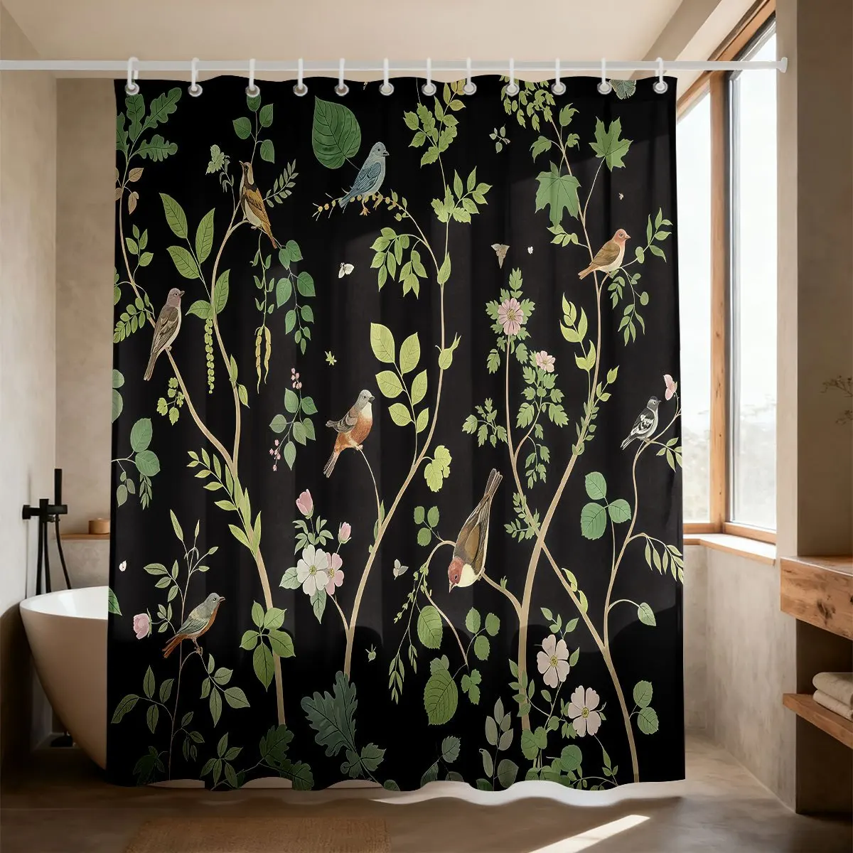 Retro Dark‑Background Garden Birds Green Foliage Delicate Pink Blossoms Bath curtain, Cozy Soft Warm Throw Cover for Bedroom