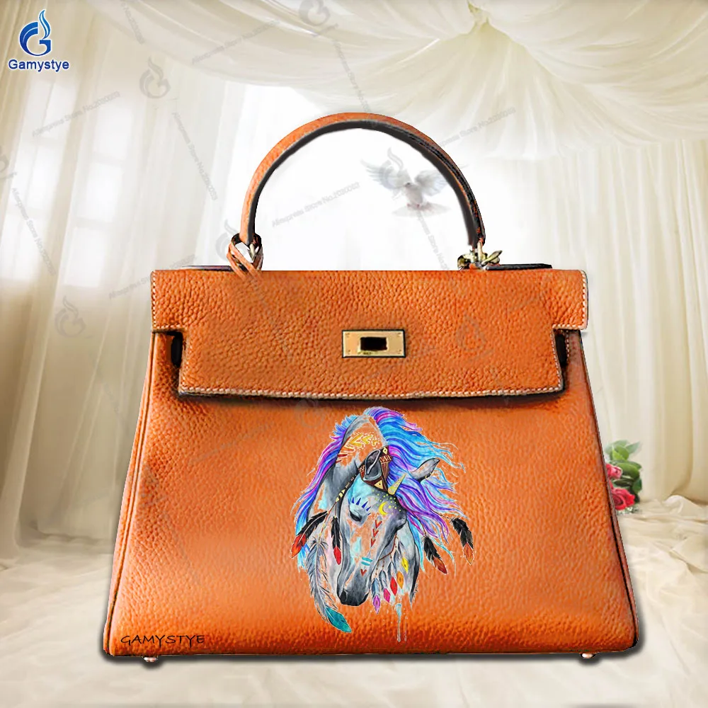 

Personalizar Bolso Art Printed Bags Ethnic Style White Horse Real Cowskin Leather Woman Bag Tote Bags Luxury Original Bag Borse