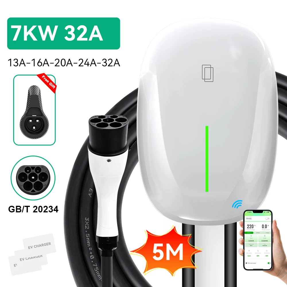 

Зарядная станция JDMEX GBT EV 32А, 1 фаза, быстрая зарядка для электромобилей, настенный зарядный блок EVSE с дистанционным управлением через приложение, кабель 5 м