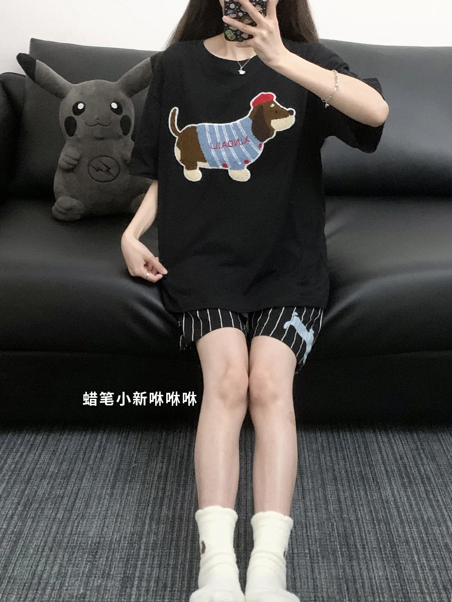 

Хлопковые парные пижамы с коротким рукавом и круглым вырезом, короткие брюки, с мультяшным дизайном, летняя домашняя одежда для мужчин и женщин, милый принт с таксой