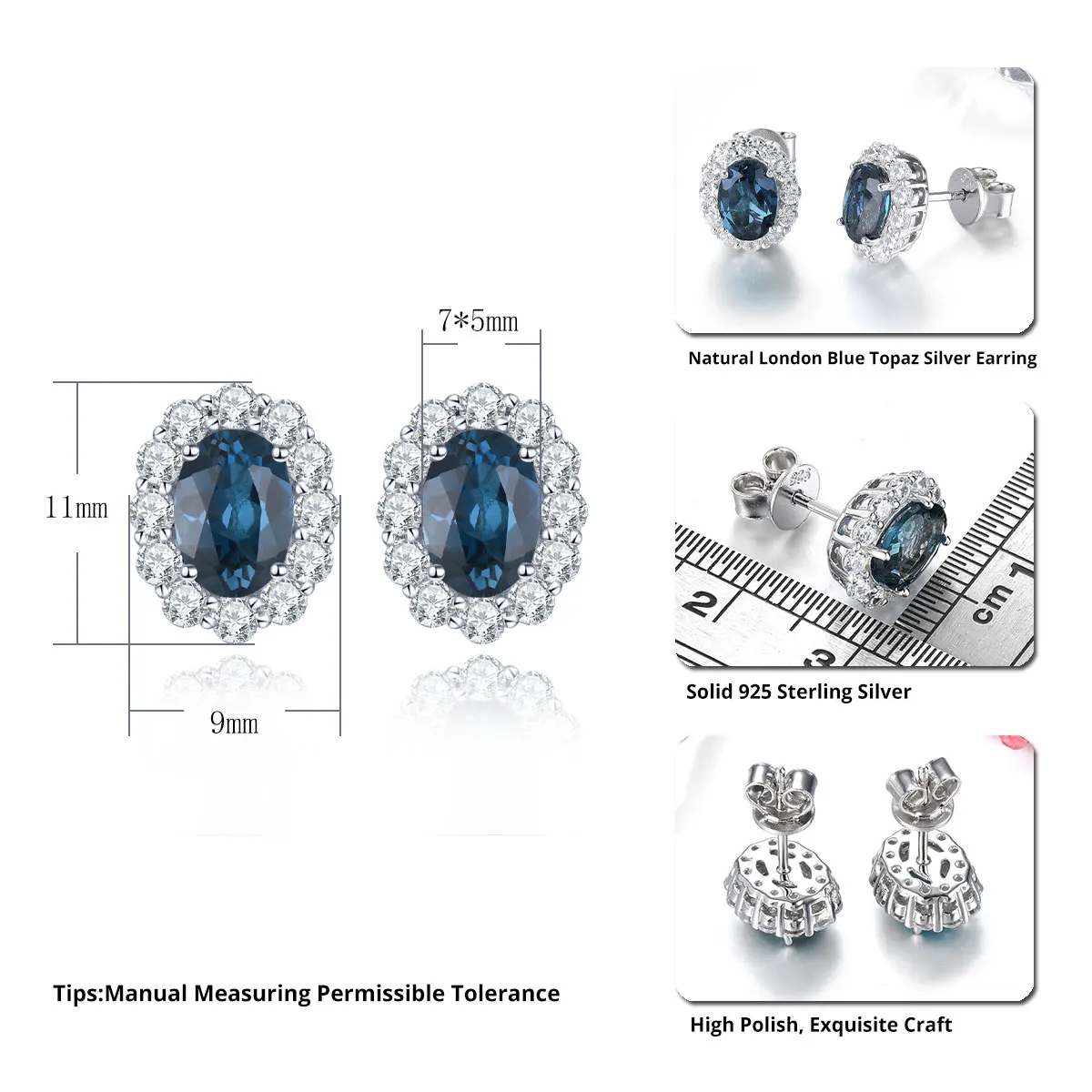 Natural Dark Blue Topaz Solid Sterling Silver Stud Earring 1.8 Carats Genuine Gemstone Women Classic Birthday Anniversary Gifts