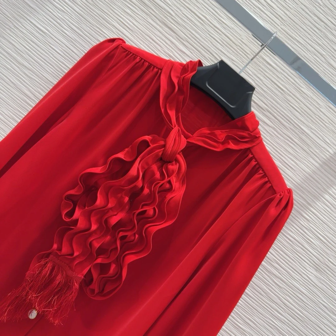 EVACANDIS High Quality Women Red Long Puff Sleeve Lace-up Collar Shirts Vintage Elegant Luxury Sweet Runway Designer Blouse