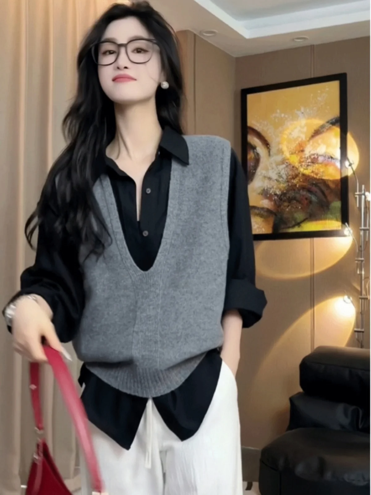 

Slimming Effect Loose Knitted Vest Women's Early Autumn Winter Outerwear Base Layer irt V-Ne No-Cuff Color