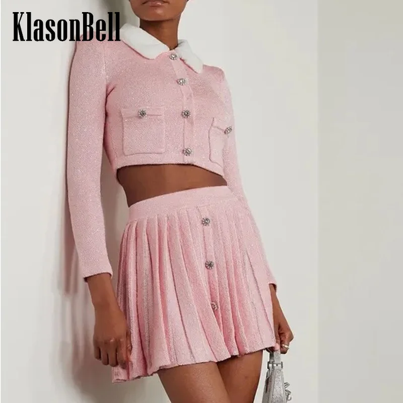 

7.6 KlasonBell Women Fashion Fur Collar Detachable Sequins Diamonds Button Knit Cardigan Or Pleated Mini Skirt Set 2024 New