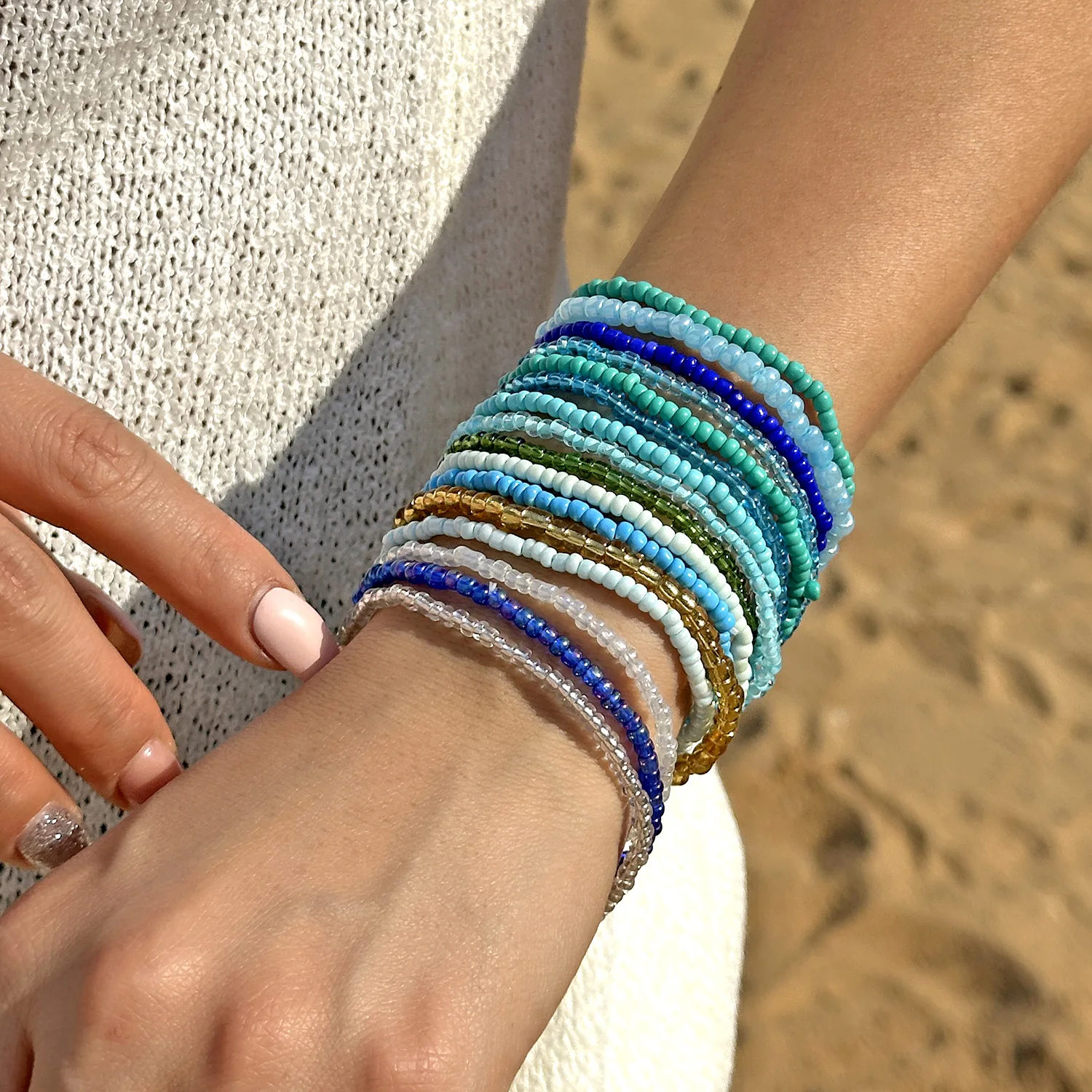 Böhmische Stapelbare Perlen-Stretch-Armbänder für Frauen Zufällige Farbmischung Elastische Reisperlen-Armbänder Sommer-Strandschmuck – Detail 13
