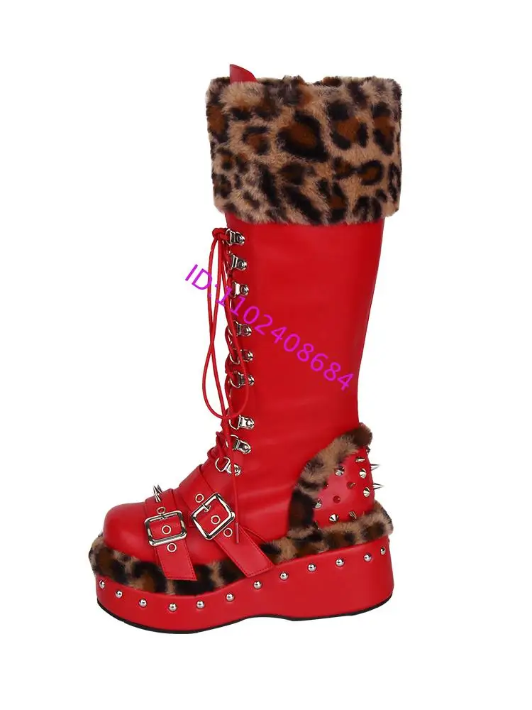Design Punk Lolita High Platform Fur Boots 8Cm Leopard Print Side Zipper Belts Buckle Lace Up Knee Winter Boots view 5