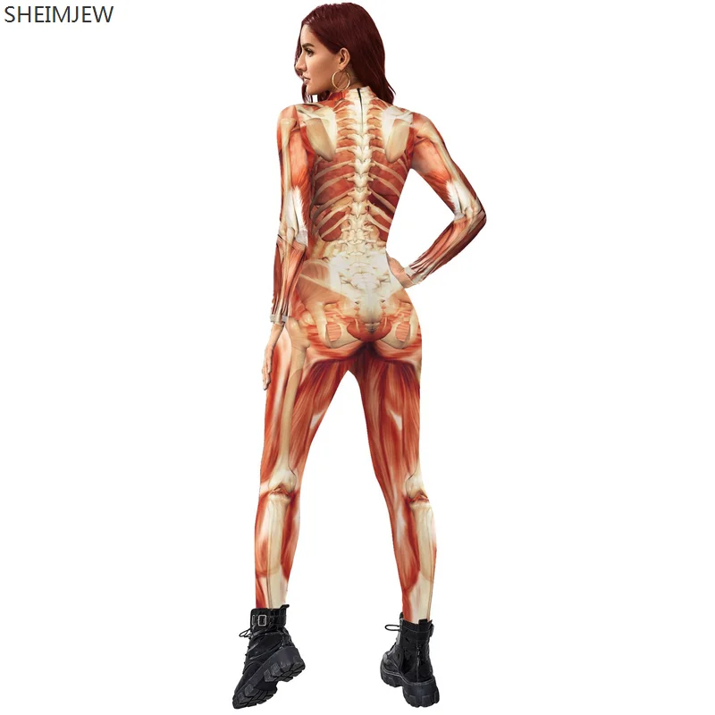 Halloween Skeleton Long Sleeve Jumpsuit 3d Printed Adult Bodysuit Women Sexy Slim Elastic Zentai Suit Anime Cosplay Catsuits New