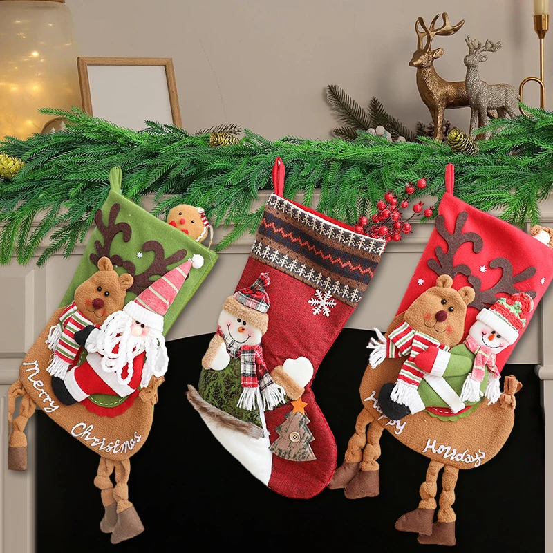 

Christmas Stockings Elk Stocking Tree Ornaments Kids-Gifts Bag Fireplace Hanging Family Decoration