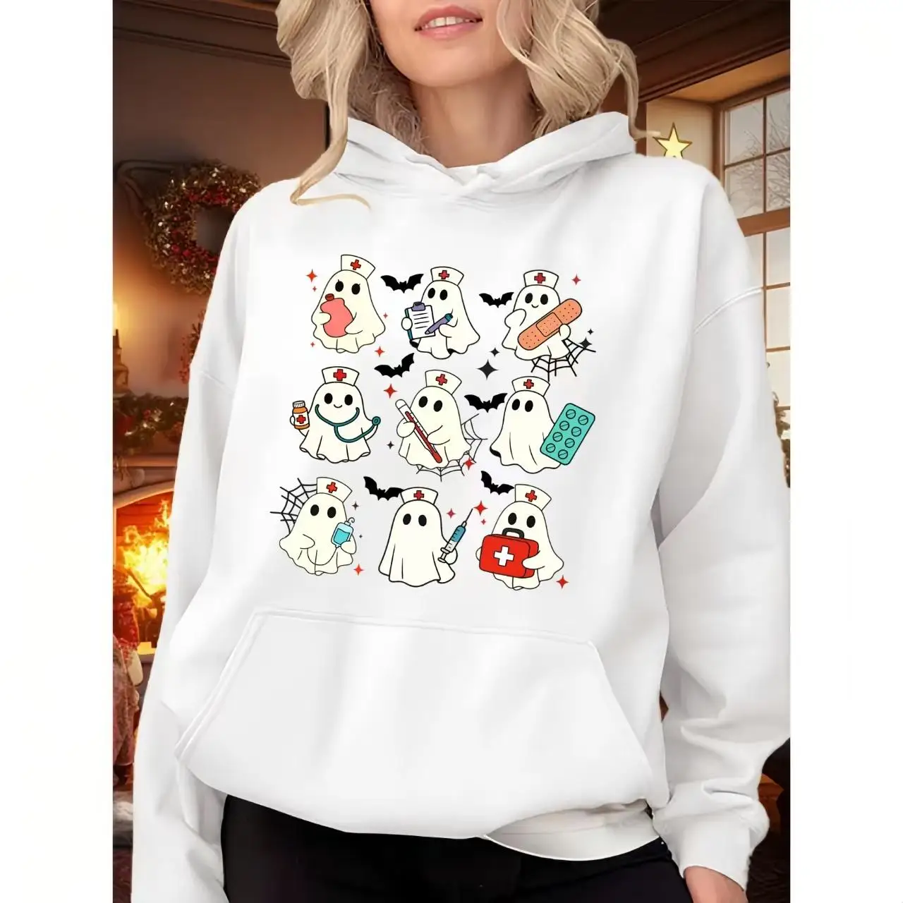 

Cute Nurse Ghost Halloween Hoodie Women's Funny Spooky Season Pullover for Nursing Student Gifts