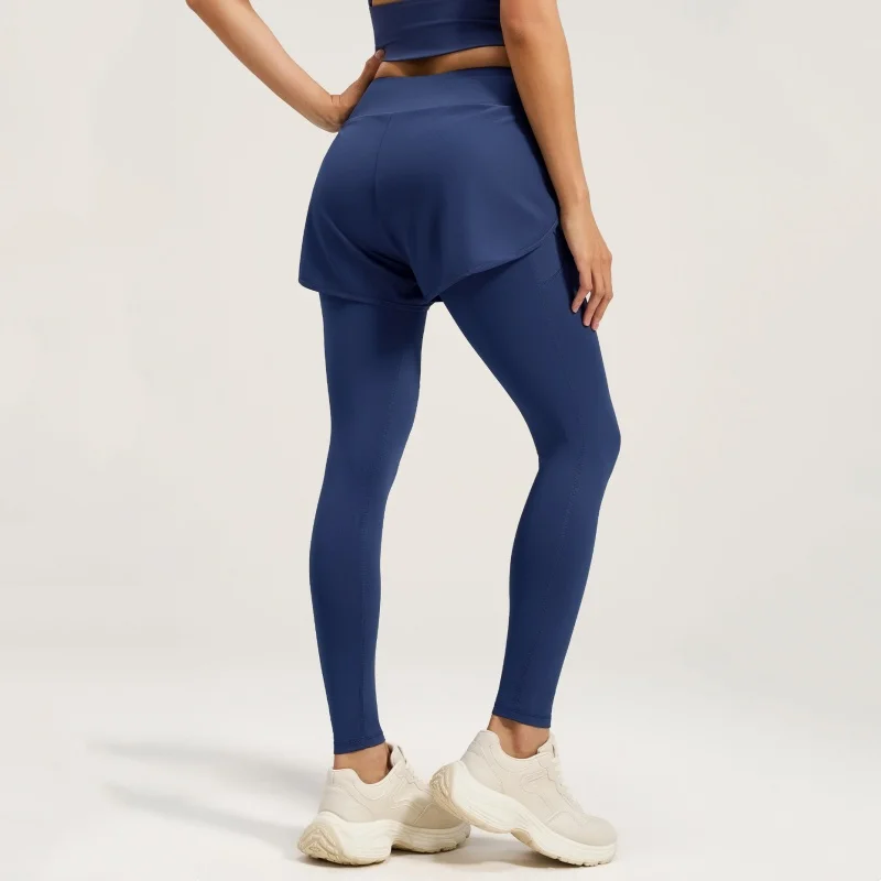 Fake Two-piece Sport Leggings for Women 2-in-1 High Waist Seamless Pocket Yoga Pants Trainning Booty Lift Workout Elastic Tights