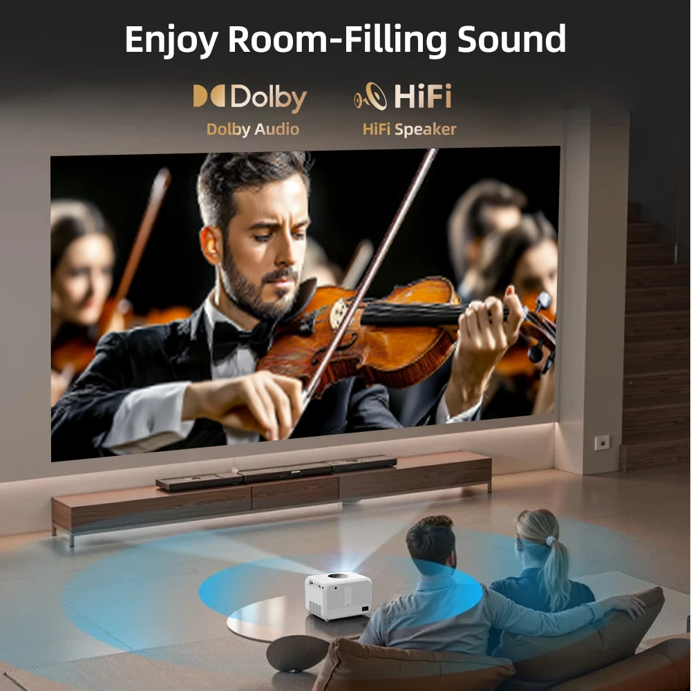 جهاز عرض CAIWEI A6L عالي الدقة 1080 بكسل، مسرح منزلي 4K، 2500 ANSI Dolby للأفلام، تلفزيون ذكي، واي فاي، جهاز عرض بؤري تلقائي مع MEMC