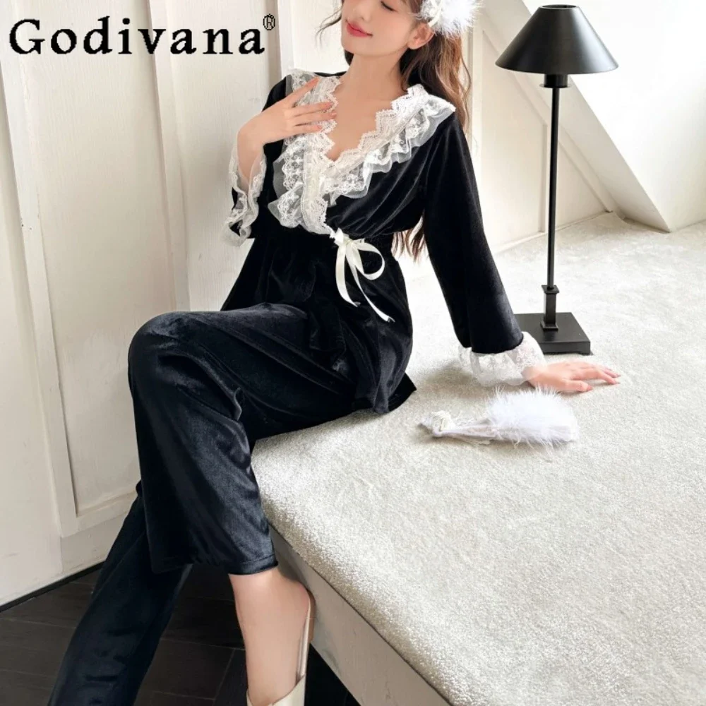 

Court Style Pajamas Women's Autumn Winter Korean Version Retro V-neck Sleepwear Lace Velvet Sweet Loungewear Sleepshirts