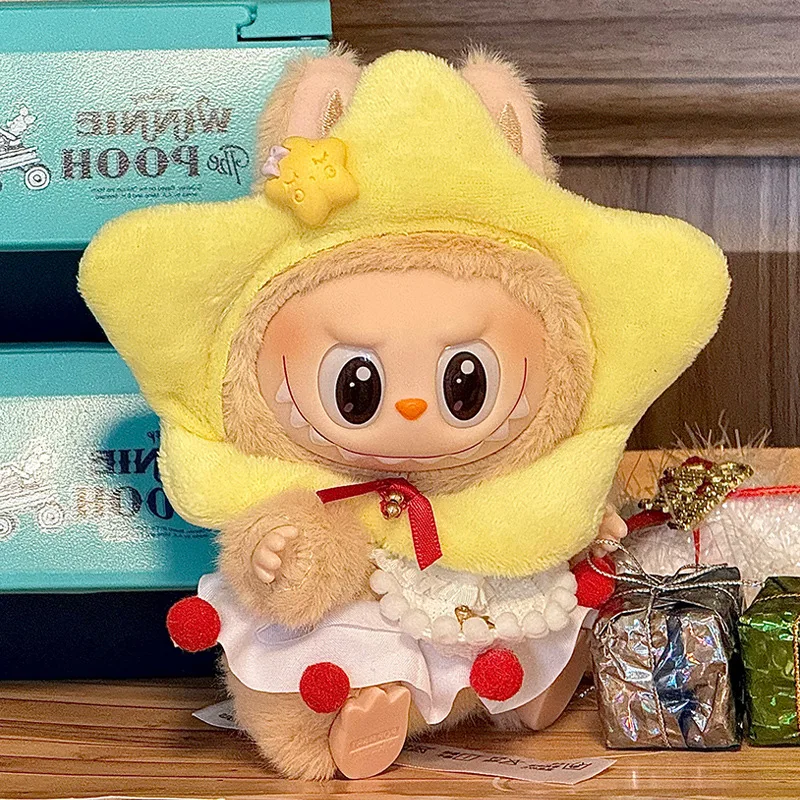 

Exquisite Christmas Outfit For 15/17cm 1st - 3rd Gen Cute Labubu Golden Plush Star Hat Frilled Dress & Red Pom - Pom Skirt