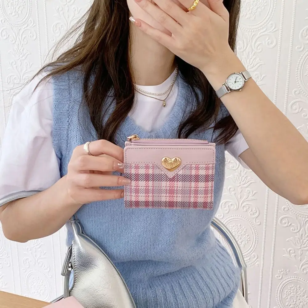 Fashion PU Leather Short Wallet Zipper Heart-shaped Card Bag Large Capacity Plaid Clutch bag Women