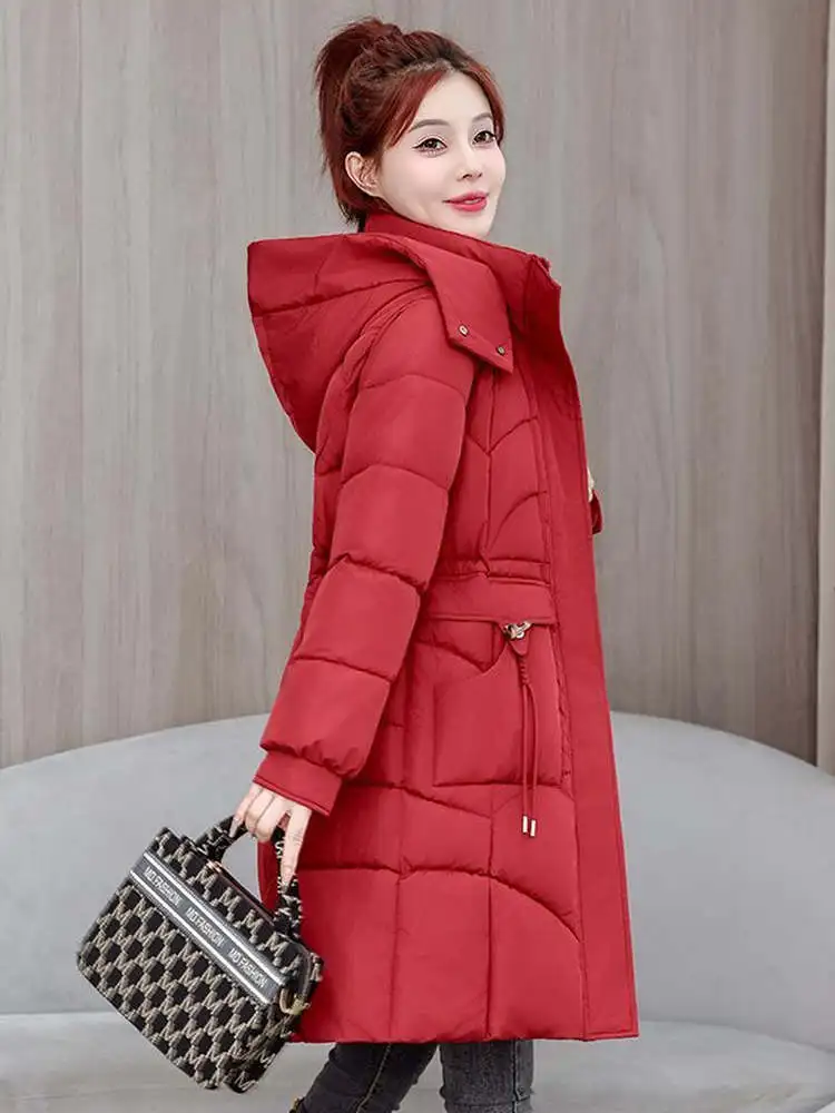 Cappello staccabile in piumino di cotone Jaet Capispalla da donna allentato Parka di media lunghezza antietà Chiusura con cerniera Cappotto lungo Sve